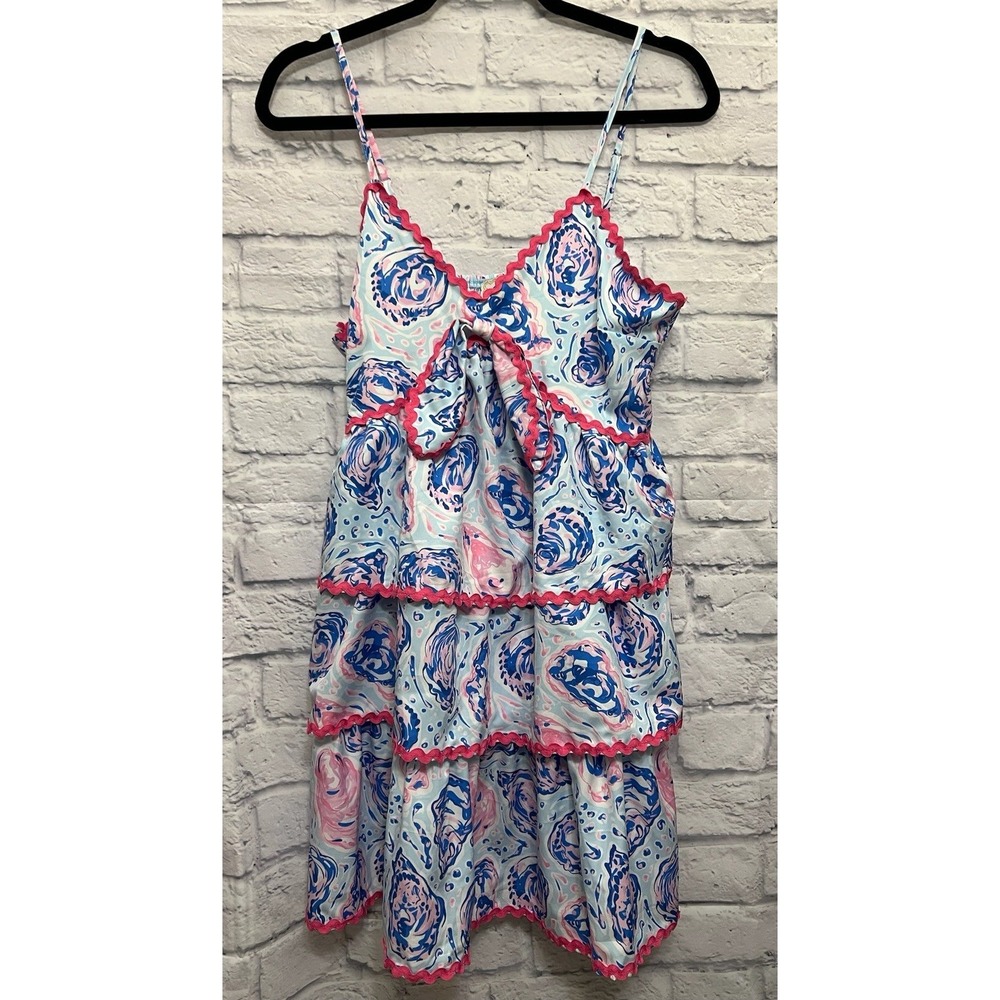 Simply Southern Mini Dress Pink Blue Floral Tiered Smocked Back Small Coastal